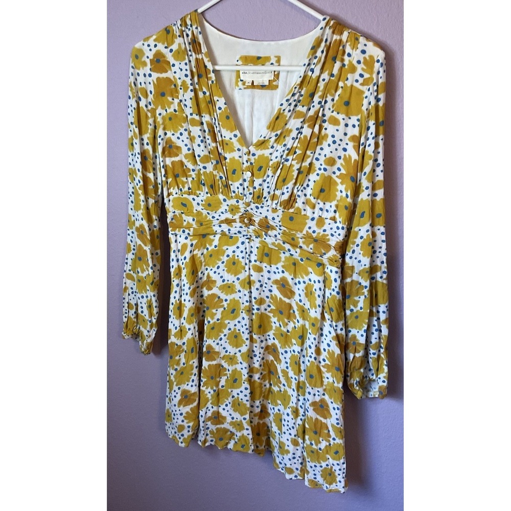 Vera Anthropologie Buttercup Mini‎ Dress Yellow Blue Floral V Neck Size Medium